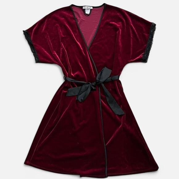 VTG Y2K Linea Donatella Dark Romantic Red Velvet & Black Lace Trim Lounge Robe S - Picture 1 of 6